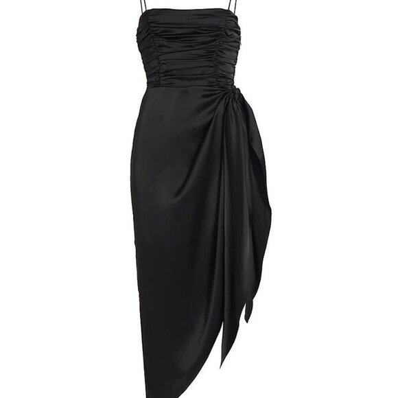 WAYF “Delaney” Asymmetric Satin Midi Dress with Ruched Bodice in Black – Size Me - Picture 6 of 7